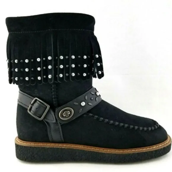 COACH ROCCASIN Black Fringe Silver Studded Suede Shearling Moccasin Boots NWOT 7 - Picture 1 of 15